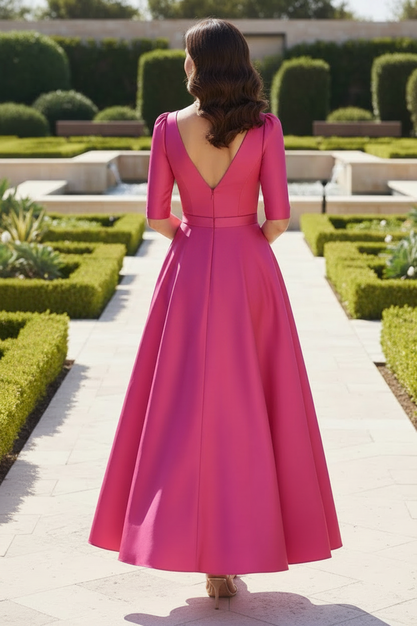 Satin A-Line Tea-Length Dress with Bow and Pockets