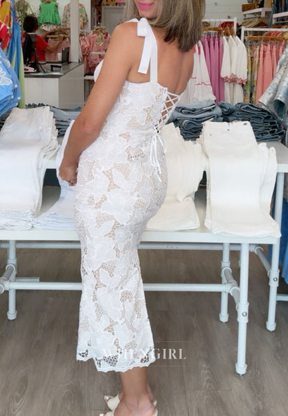Floral Lace Midi Dress with Tie Straps & Lace-Up Back
