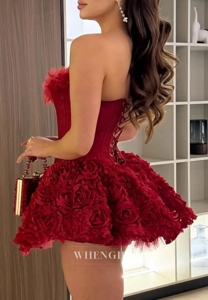 Strapless Corset Mini Dress with 3D Floral Skirt