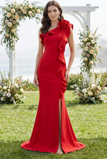 One-Shoulder Ruffle Rosette Gown with Slit
