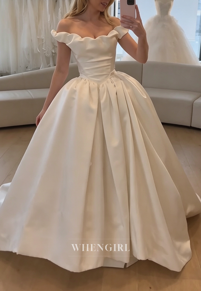 Off-the-Shoulder Pleated Ball Gown Wedding Dress