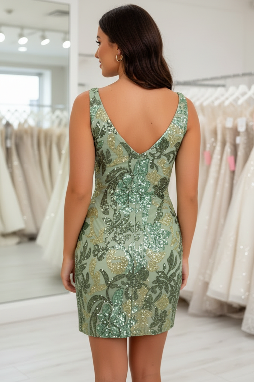 V-Neck Floral Sequin Slit Midi Dress