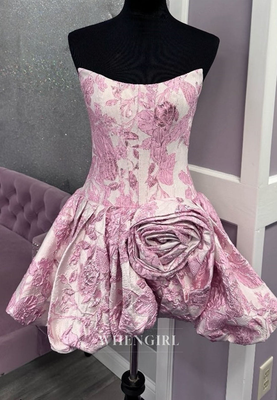 Strapless Floral Jacquard Mini Dress with 3D Rose Applique