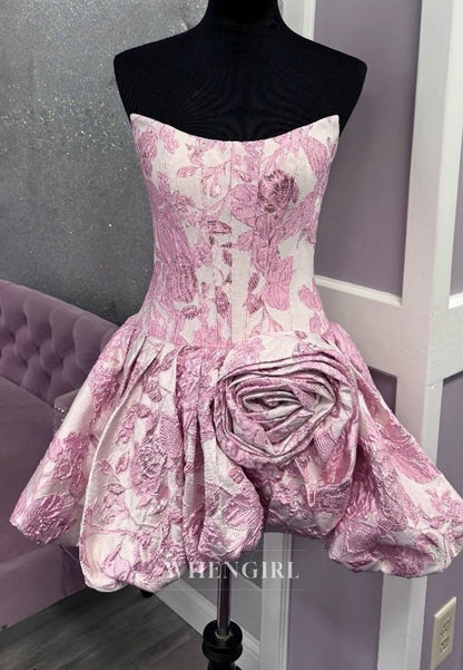Strapless Floral Jacquard Mini Dress with 3D Rose Applique