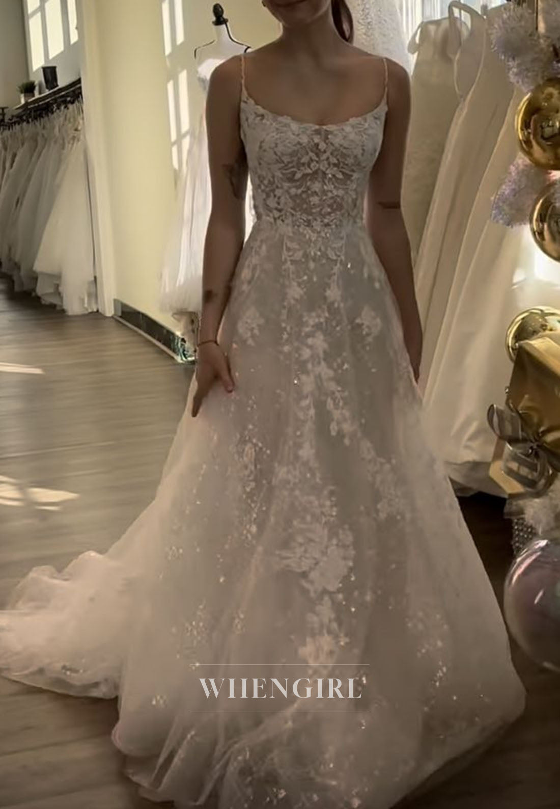A-Line Lace and Tulle Wedding Dress with Spaghetti Straps