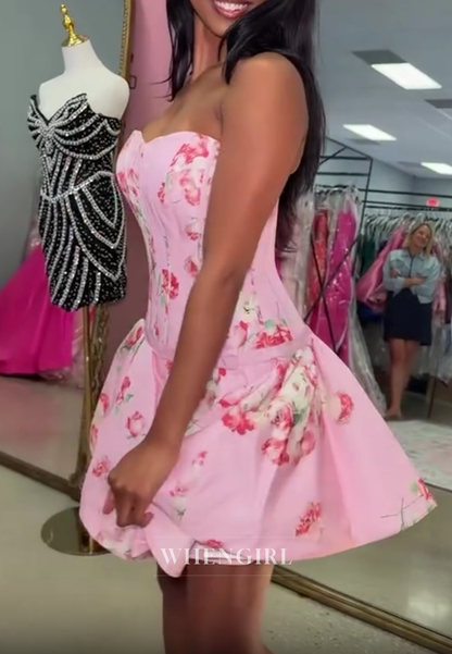 Strapless Corset Floral Bubble Skirt Mini Dress