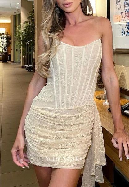 Corset Lace Mini Dress with Ruched Skirt & Side Drape