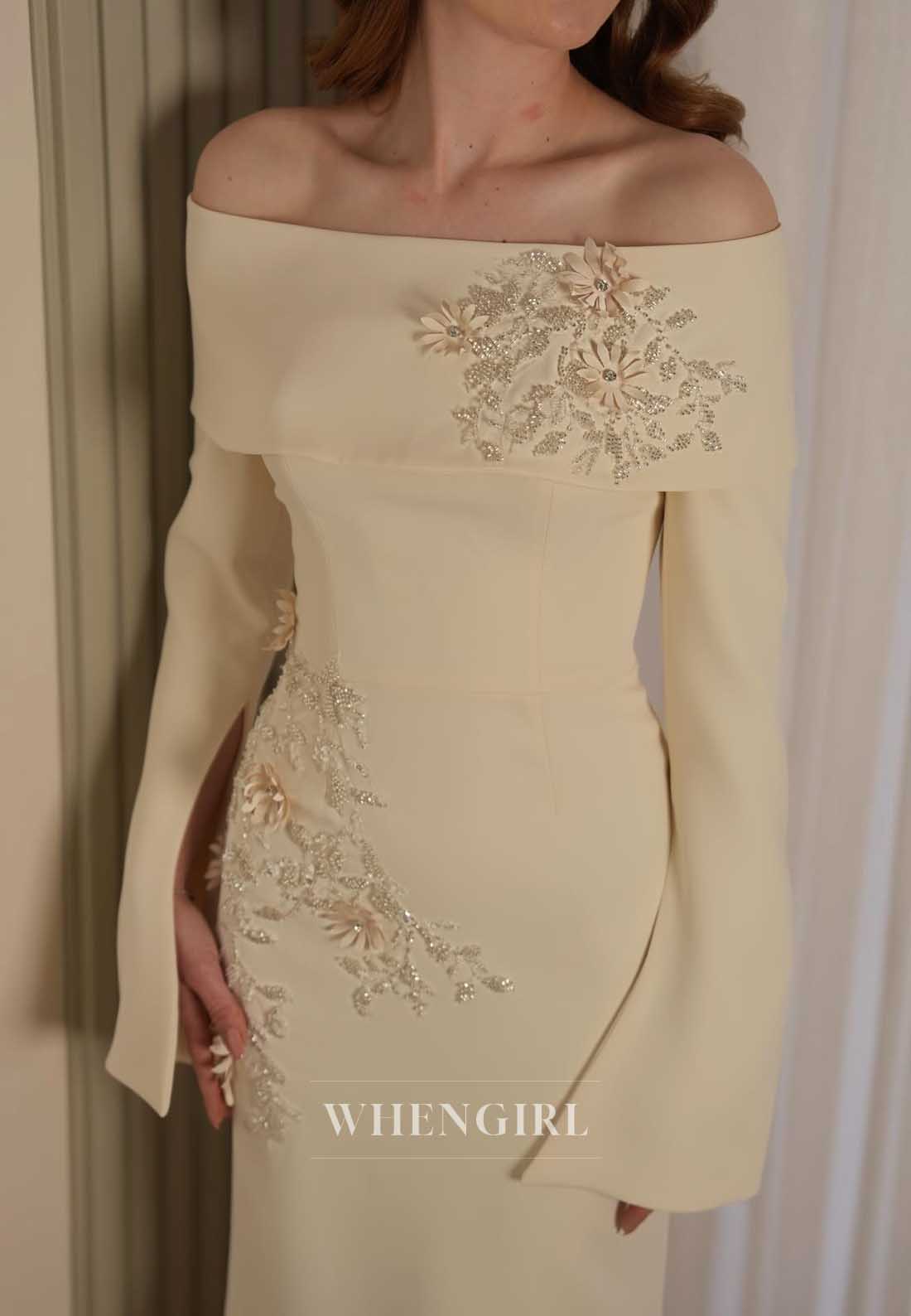 Off-the-Shoulder 3D Floral Long Sleeve Gown