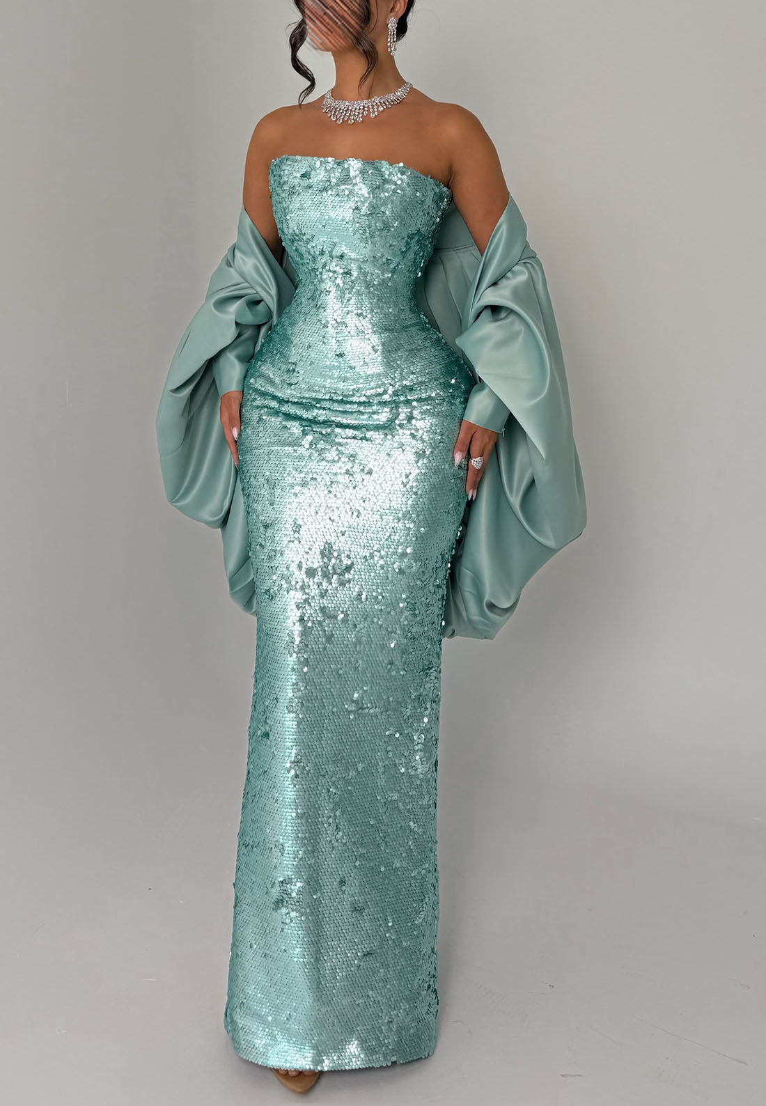 Strapless Sequin Evening Gown with Satin Shawl