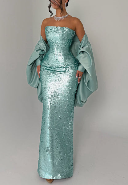 Strapless Sequin Evening Gown with Satin Shawl