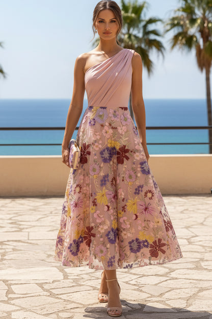 One-Shoulder Embroidered Floral Midi Dress