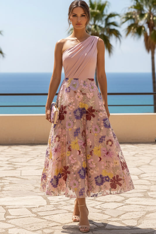One-Shoulder Embroidered Floral Midi Dress