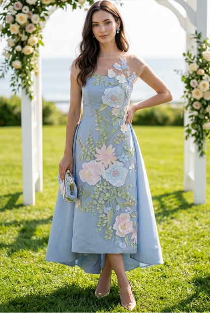 Floral Applique High-Low Gown with Sheer Wrap