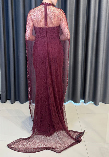 Lace Column Gown with Beaded High Neck Cape