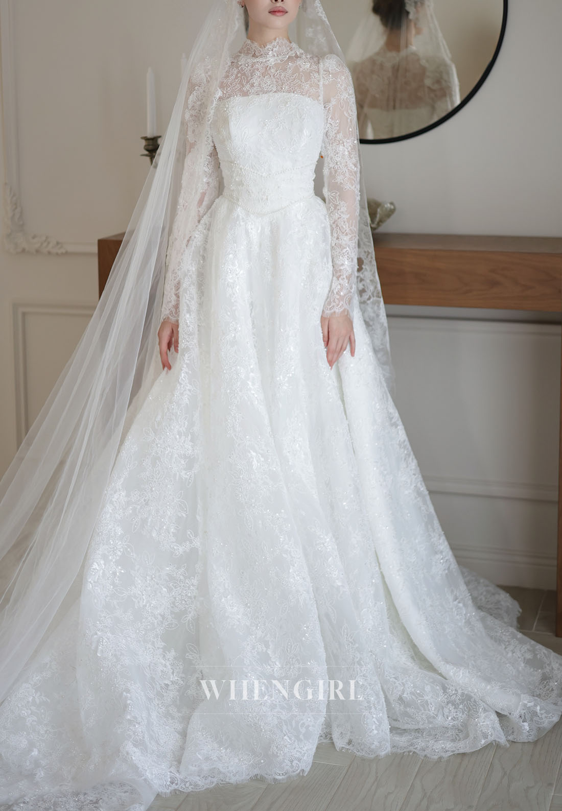 High Neck Lace Long Sleeve Ball Gown Wedding Dress