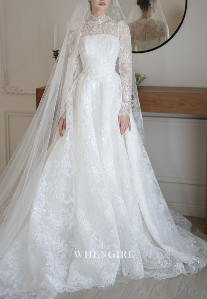 High Neck Lace Long Sleeve Ball Gown Wedding Dress
