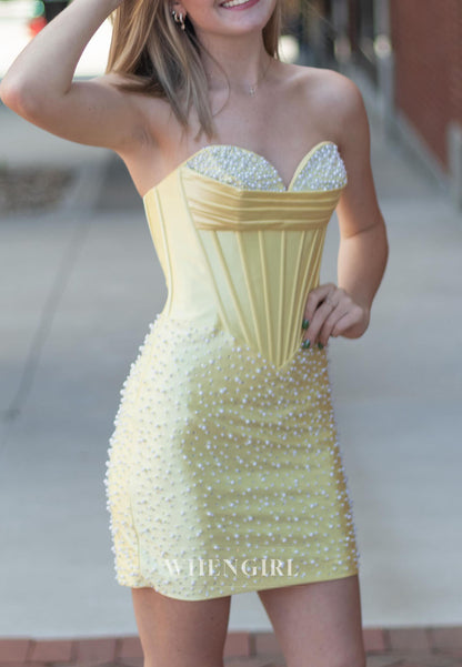 Pearl-Embellished Strapless Corset Mini Dress