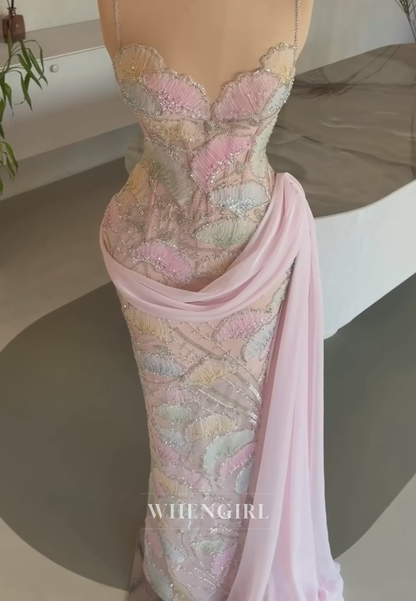 Embroidered Beaded Evening Gown with Side Drape