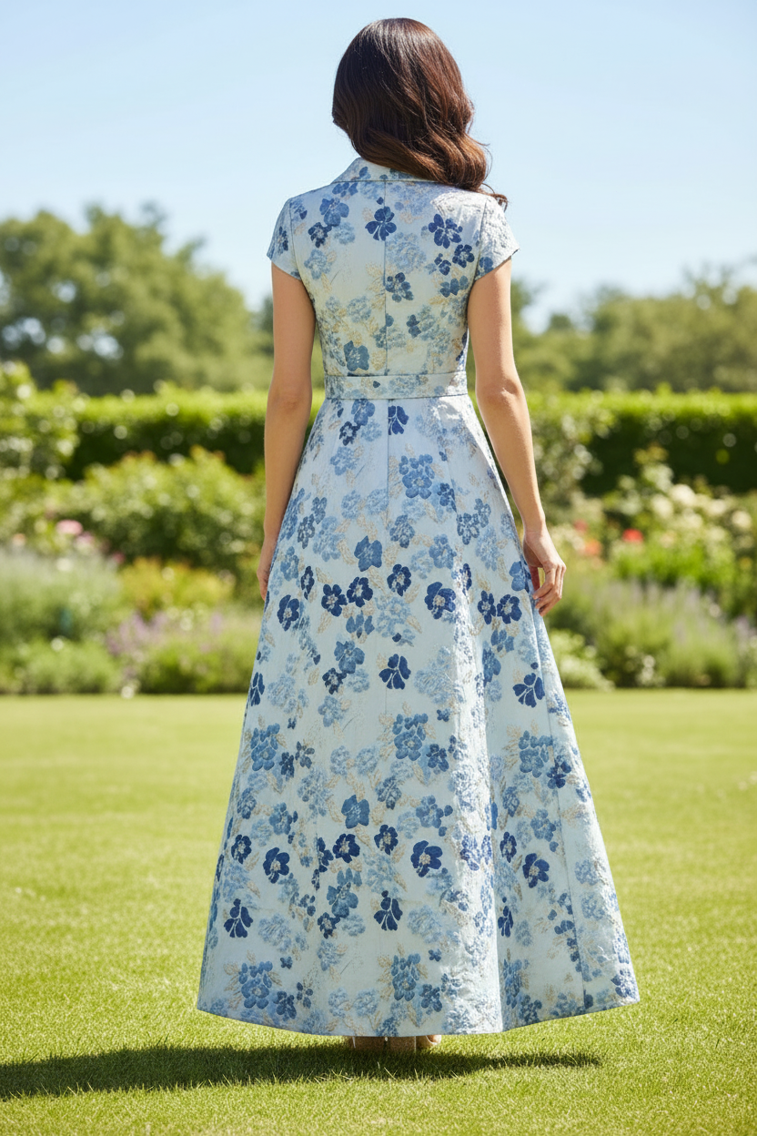 Floral Jacquard A-Line Maxi Dress with Collar
