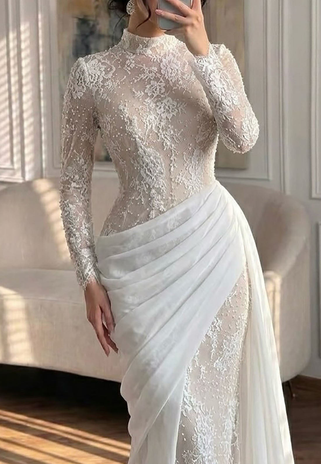 High Neck Lace Gown with Asymmetrical Draped Train