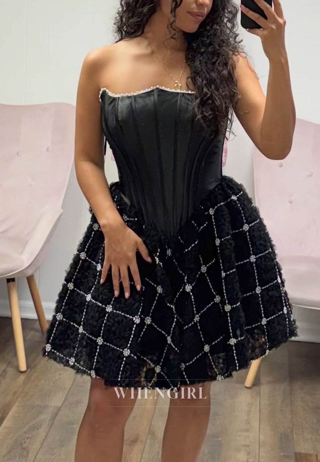 Strapless Corset Mini Dress with Beaded Lattice Skirt