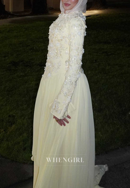 High Neck 3D Floral Applique Long Sleeve Gown