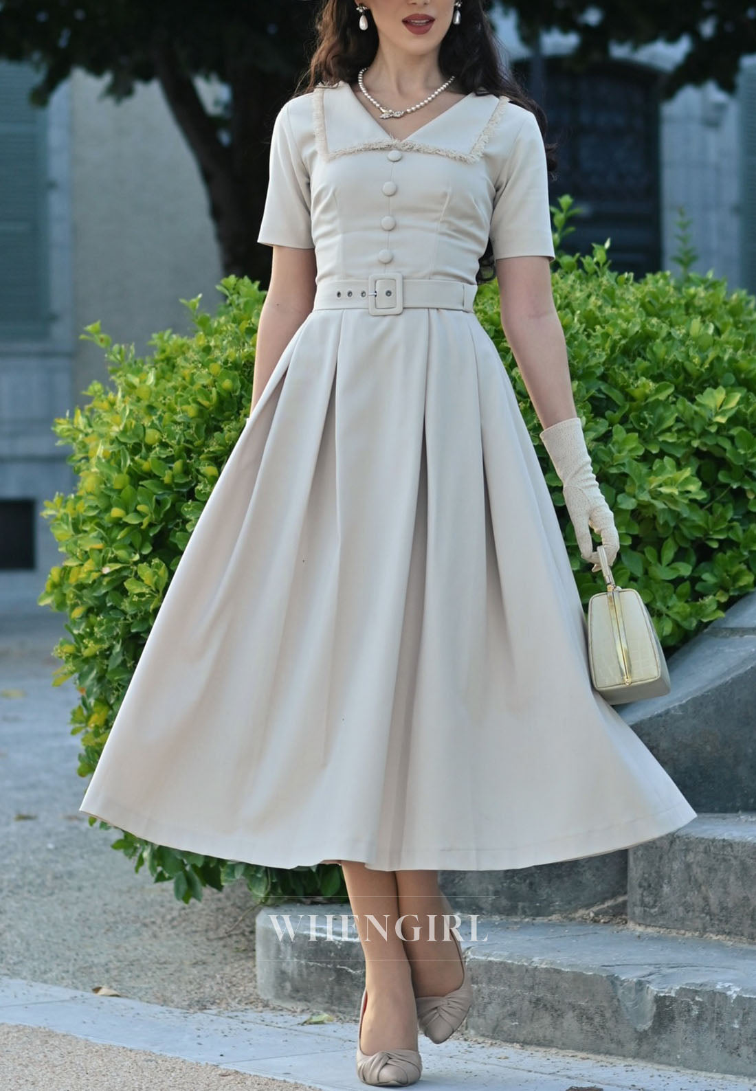 Collared Midi Dress with Pleated Skirt and Belt