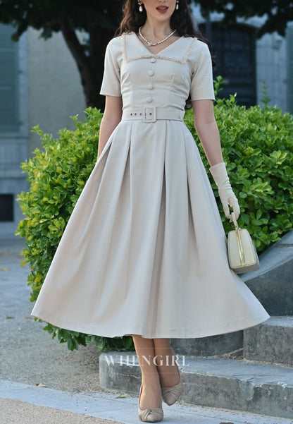 Collared Midi Dress with Pleated Skirt and Belt