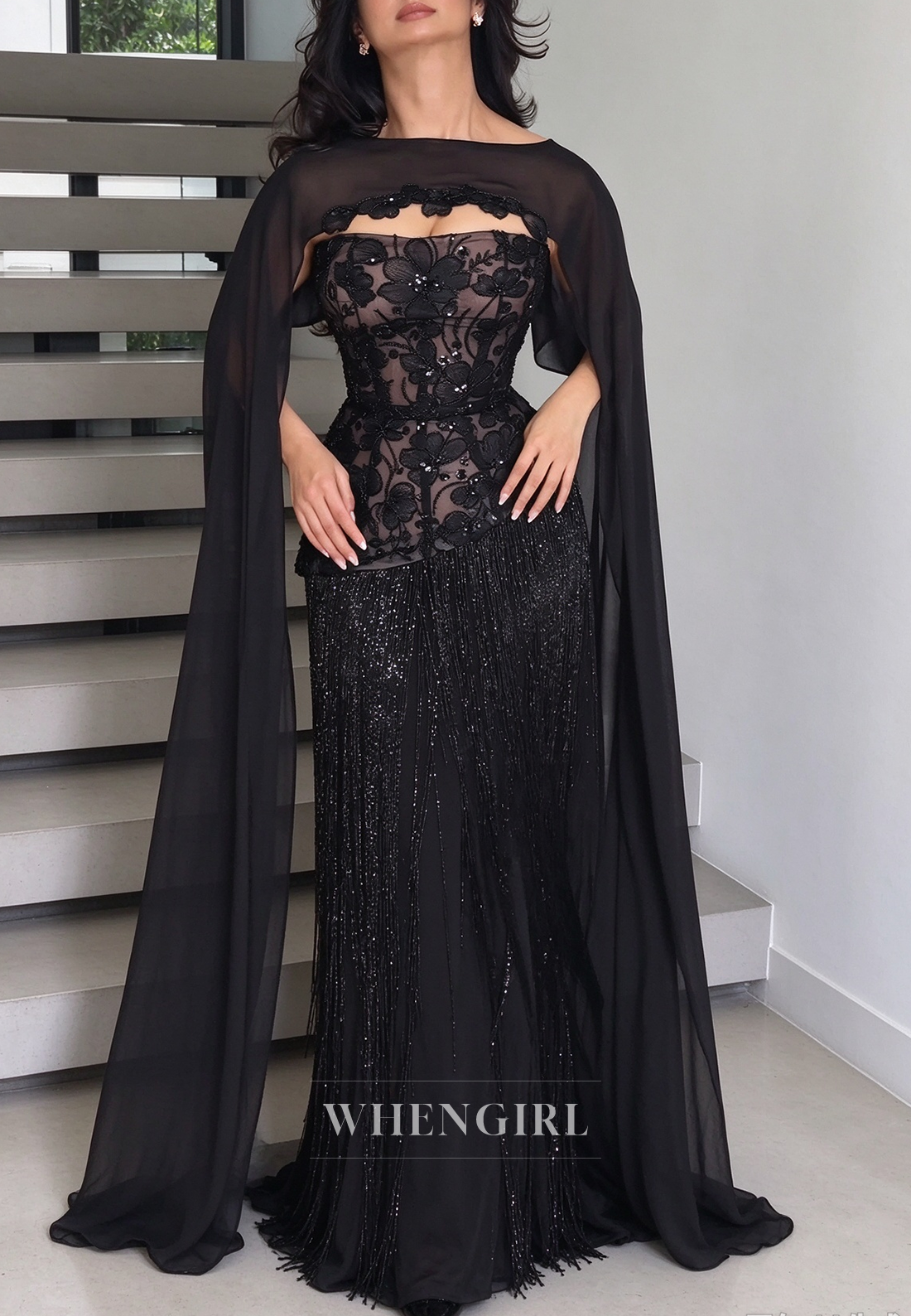 Corset Evening Gown with Beaded Fringe & Cape