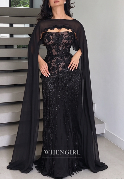 Corset Evening Gown with Beaded Fringe & Cape