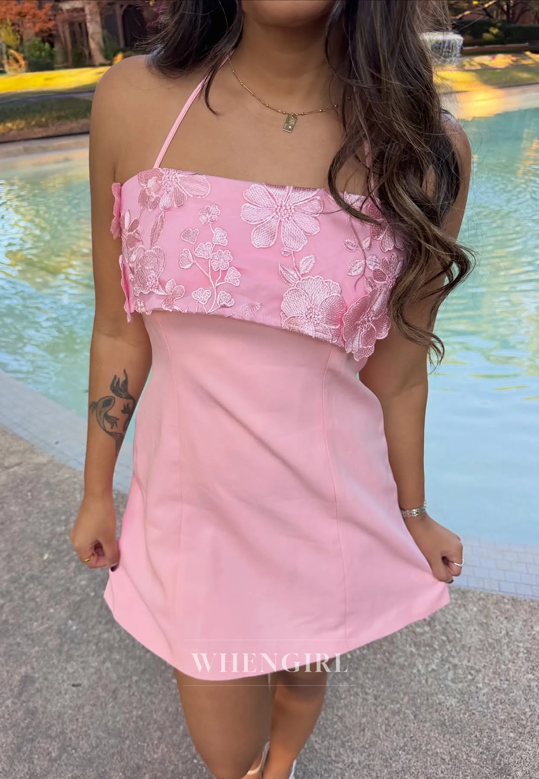 Floral Applique Bodice Mini Dress with Halter Ties
