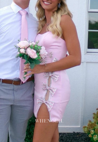 Strapless Bodycon Mini Dress with Crystal Bow Cutout Front