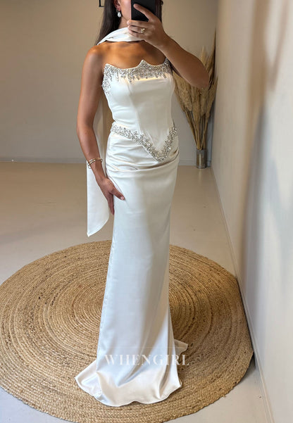 Strapless Satin Column Gown with Crystal Trim