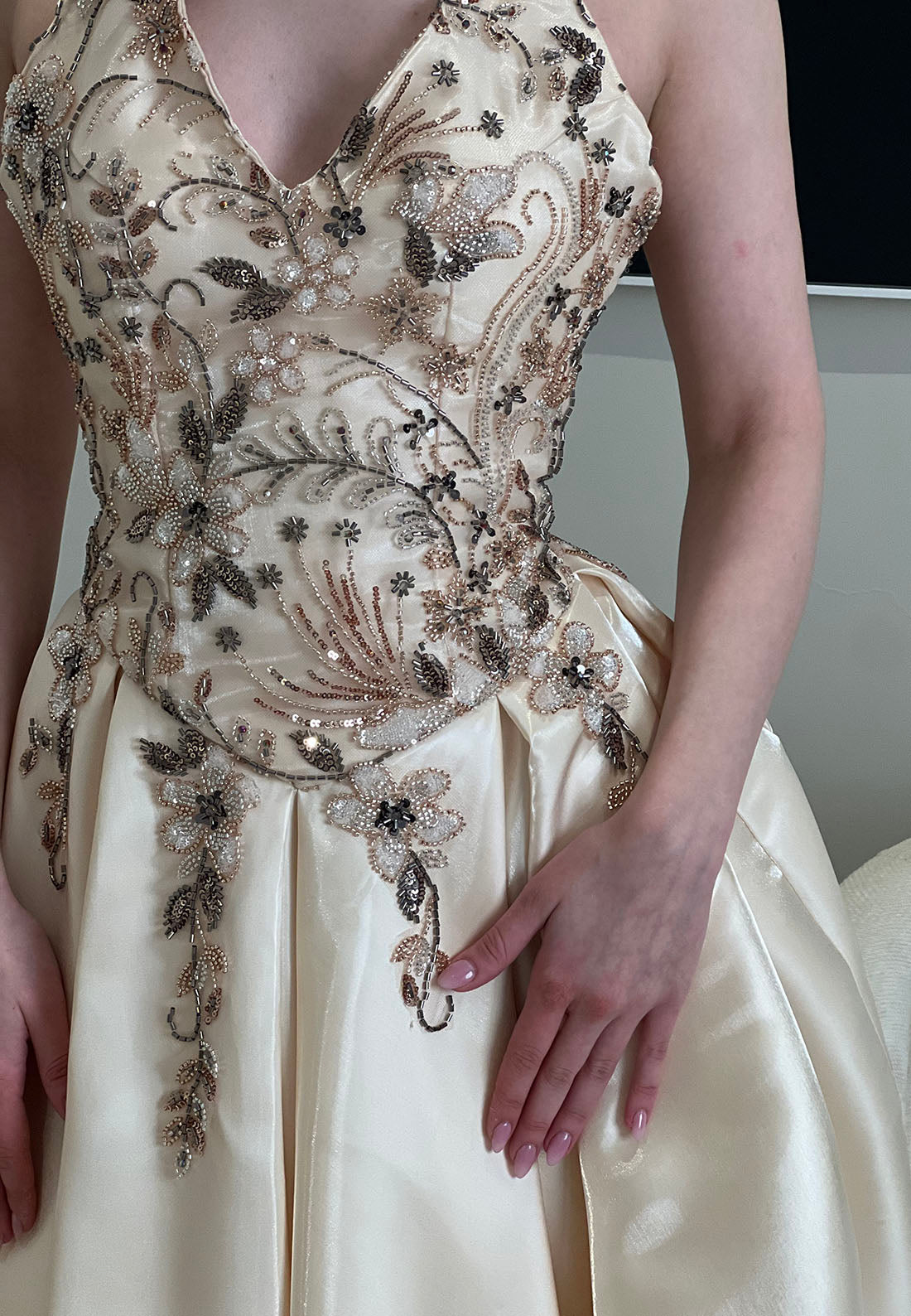 Embroidered Beaded Halter Tea-Length Dress