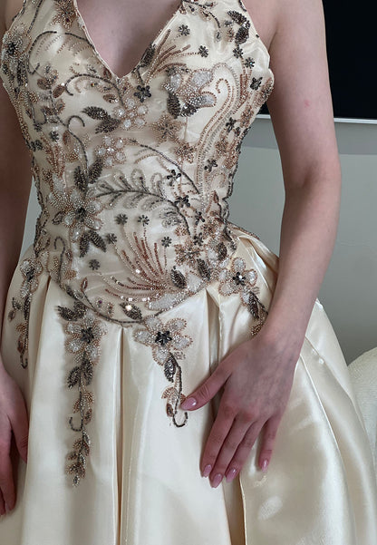 Embroidered Beaded Halter Tea-Length Dress