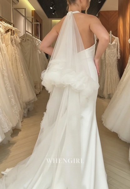 Halter Deep V Mermaid Wedding Dress with Ruffle Cape