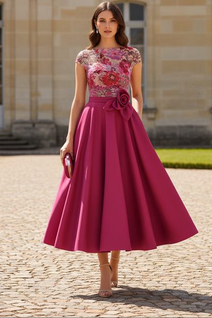 Floral Bodice Cap Sleeve Tea-Length Party Dress