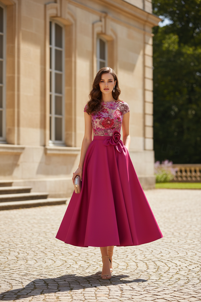Floral Bodice Cap Sleeve Tea-Length Party Dress
