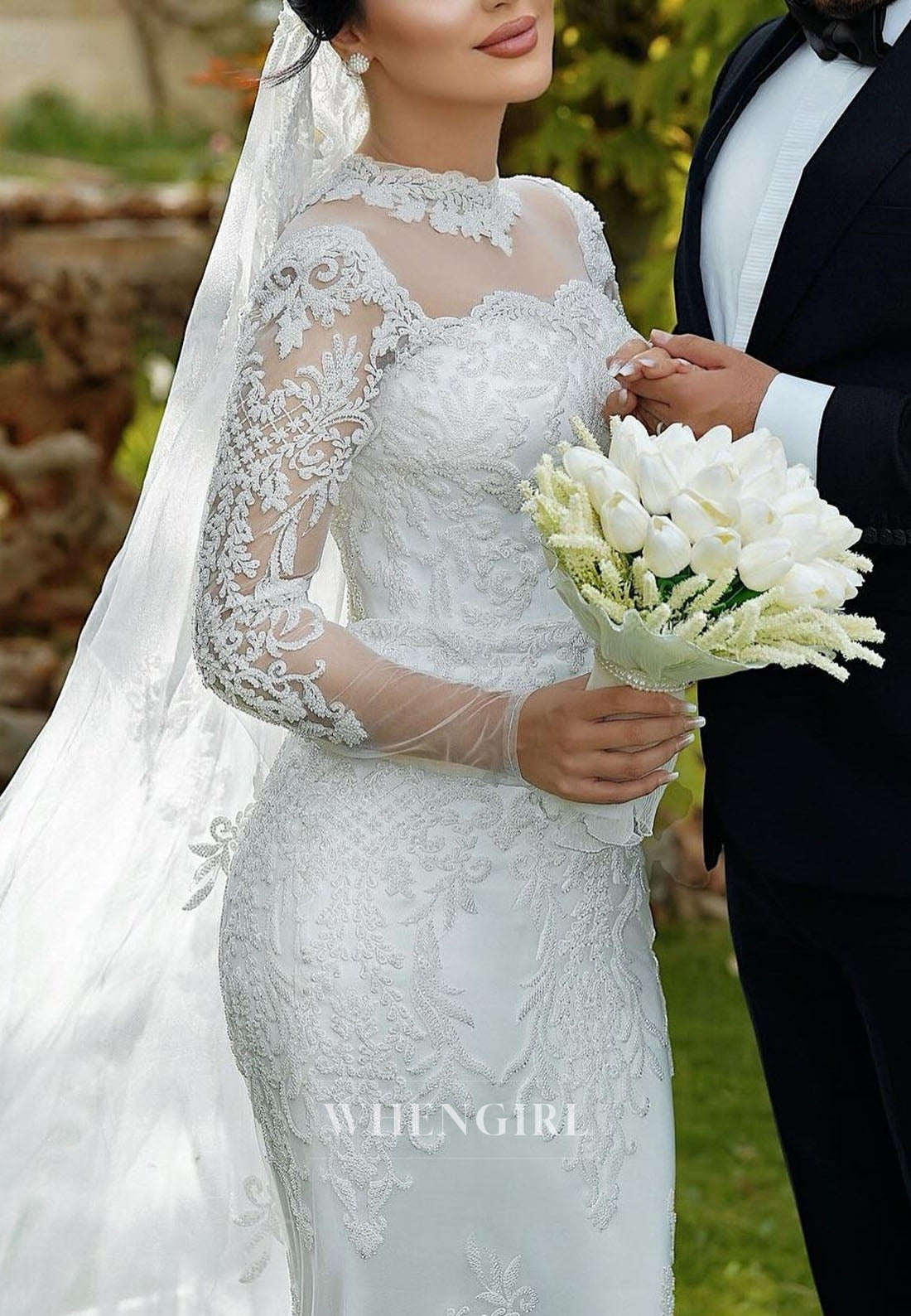 High Neck Illusion Lace Mermaid Wedding Dress