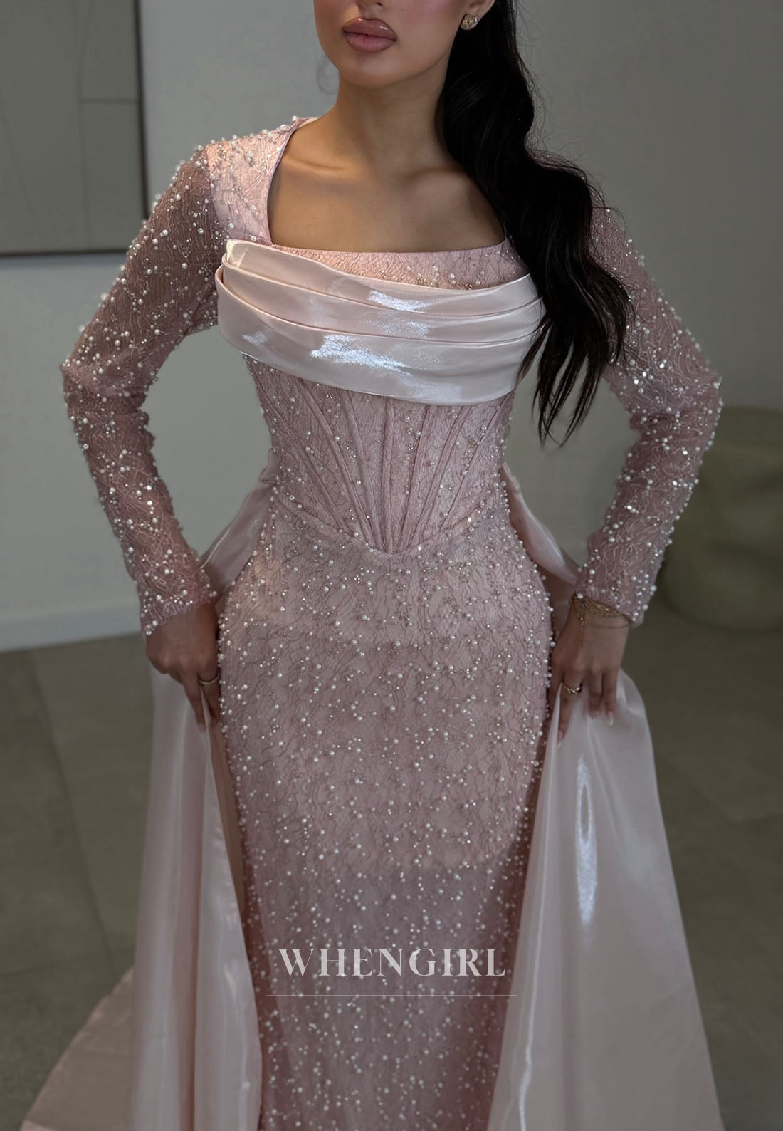Pearl Beaded Corset Evening Gown with Train