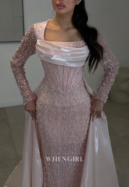 Pearl Beaded Corset Evening Gown with Train