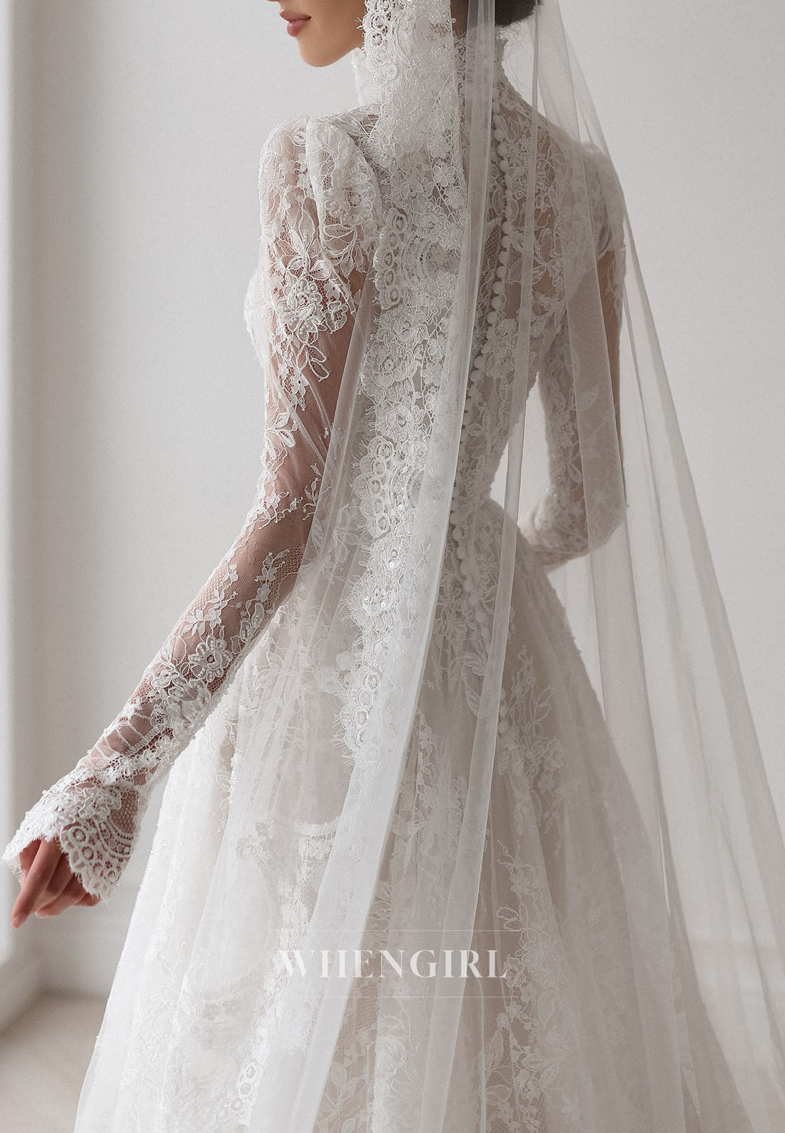 High Neck Lace Wedding Dress with Long Sleeves