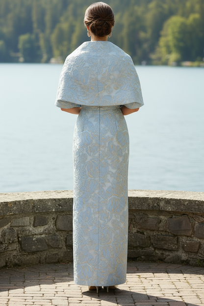 Strapless Jacquard Column Gown with Matching Shawl