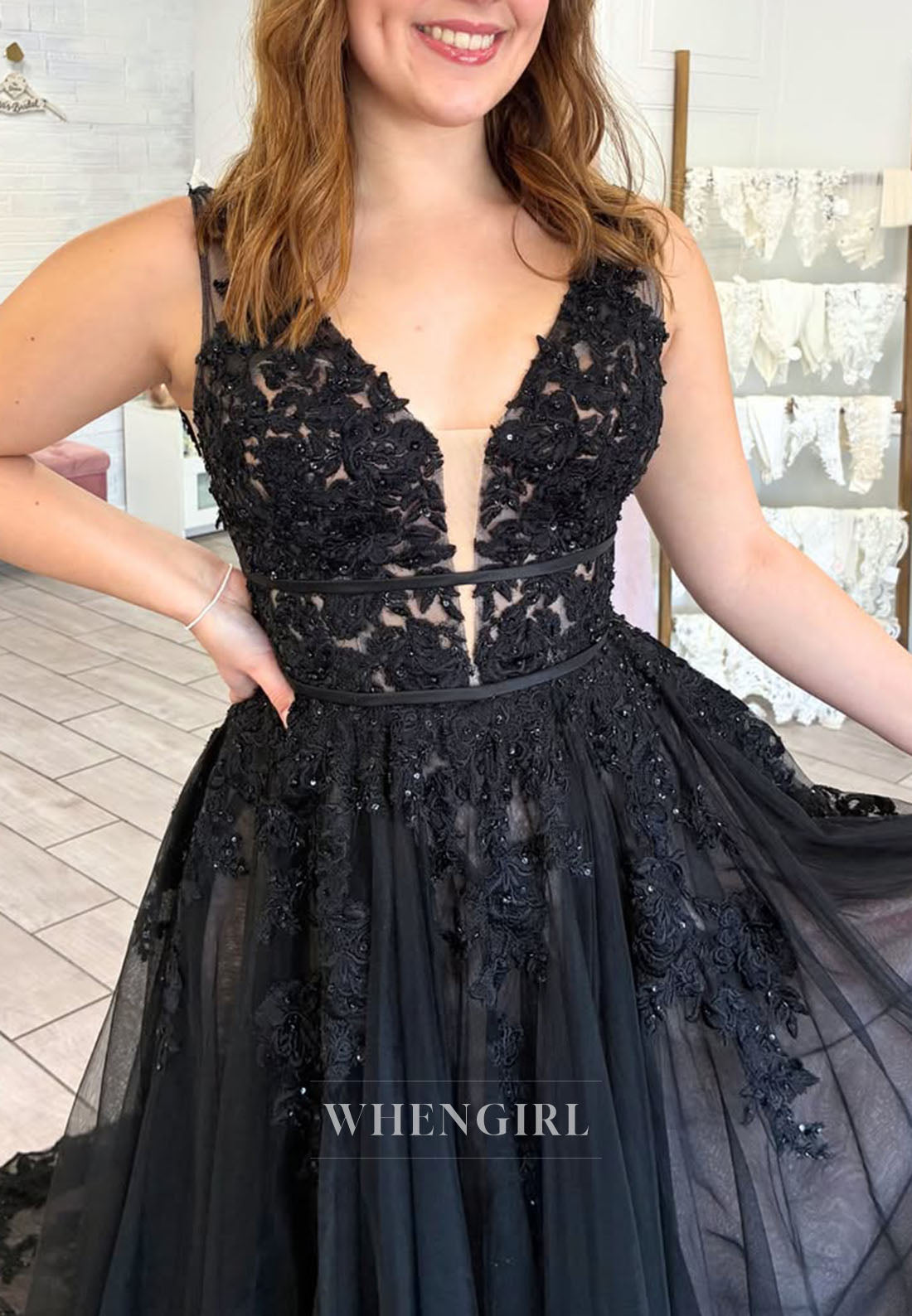 Beaded Lace Applique Tulle Gown with Train