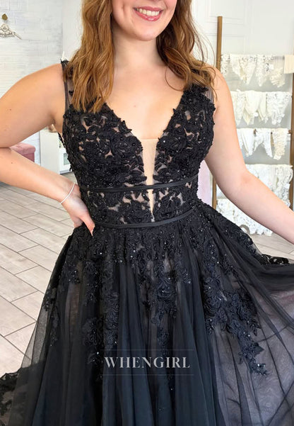 Beaded Lace Applique Tulle Gown with Train