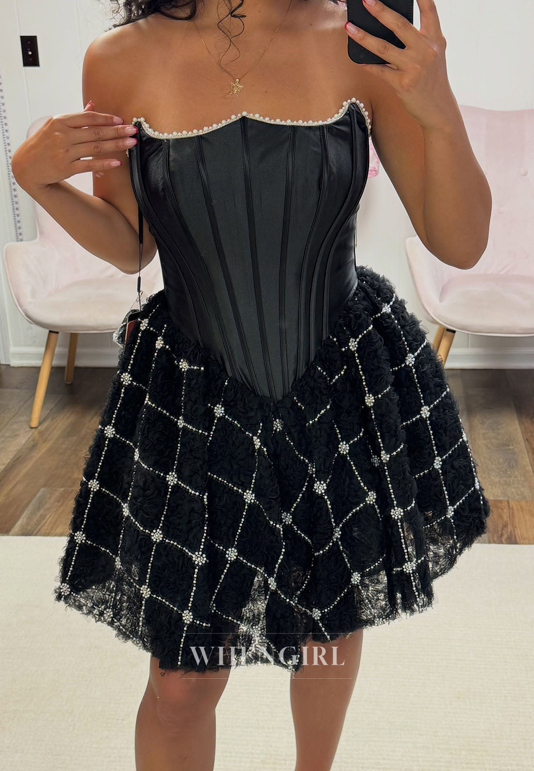 Strapless Corset Mini Dress with Beaded Lattice Skirt