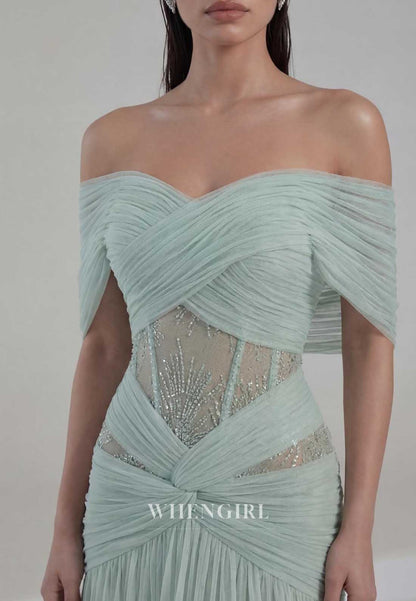 Off-Shoulder Pleated Tulle Corset Evening Gown
