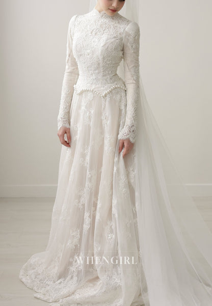 High Neck Lace Wedding Dress with Long Sleeves