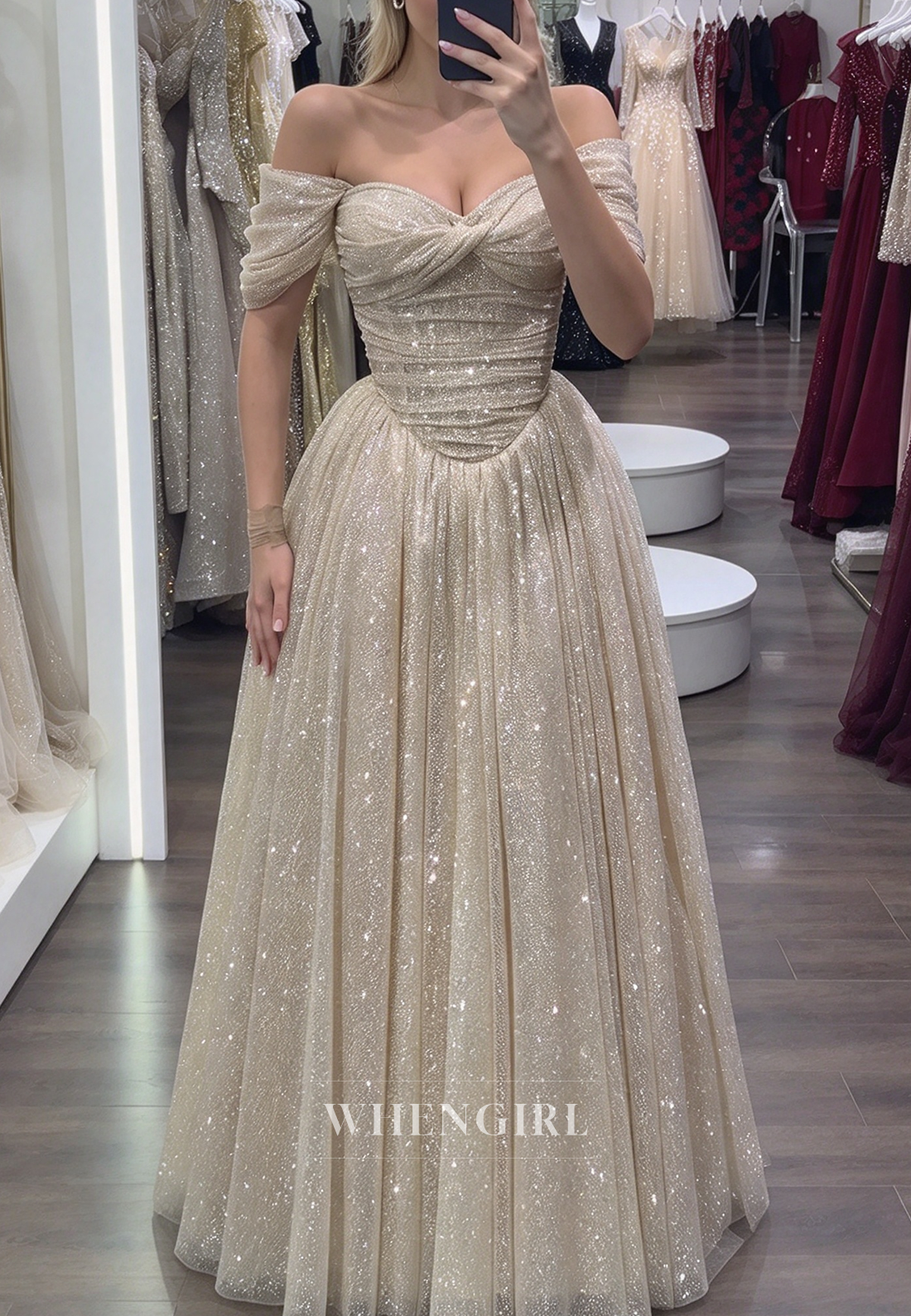 Glitter Off-the-Shoulder Basquew-Waist Ball Gown