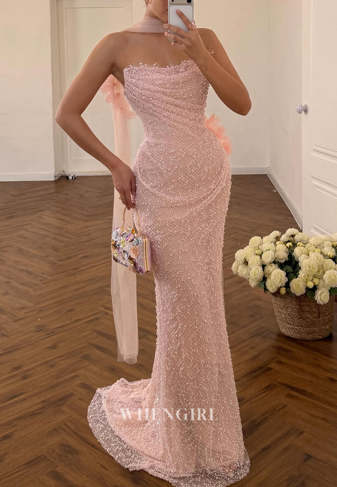 Strapless Sequin Mermaid Gown with Floral Detail